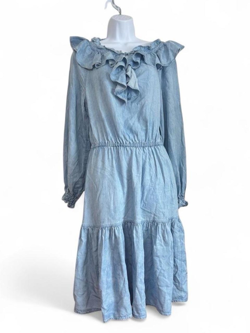 LRL Chambray Maxi Dress Western Prairie Ruffle Trim Tiered Size 0